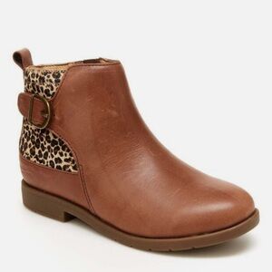 NWT Stride Rite Brown Leather Ankle Boots with Leopard Print Accent - girls 3.5